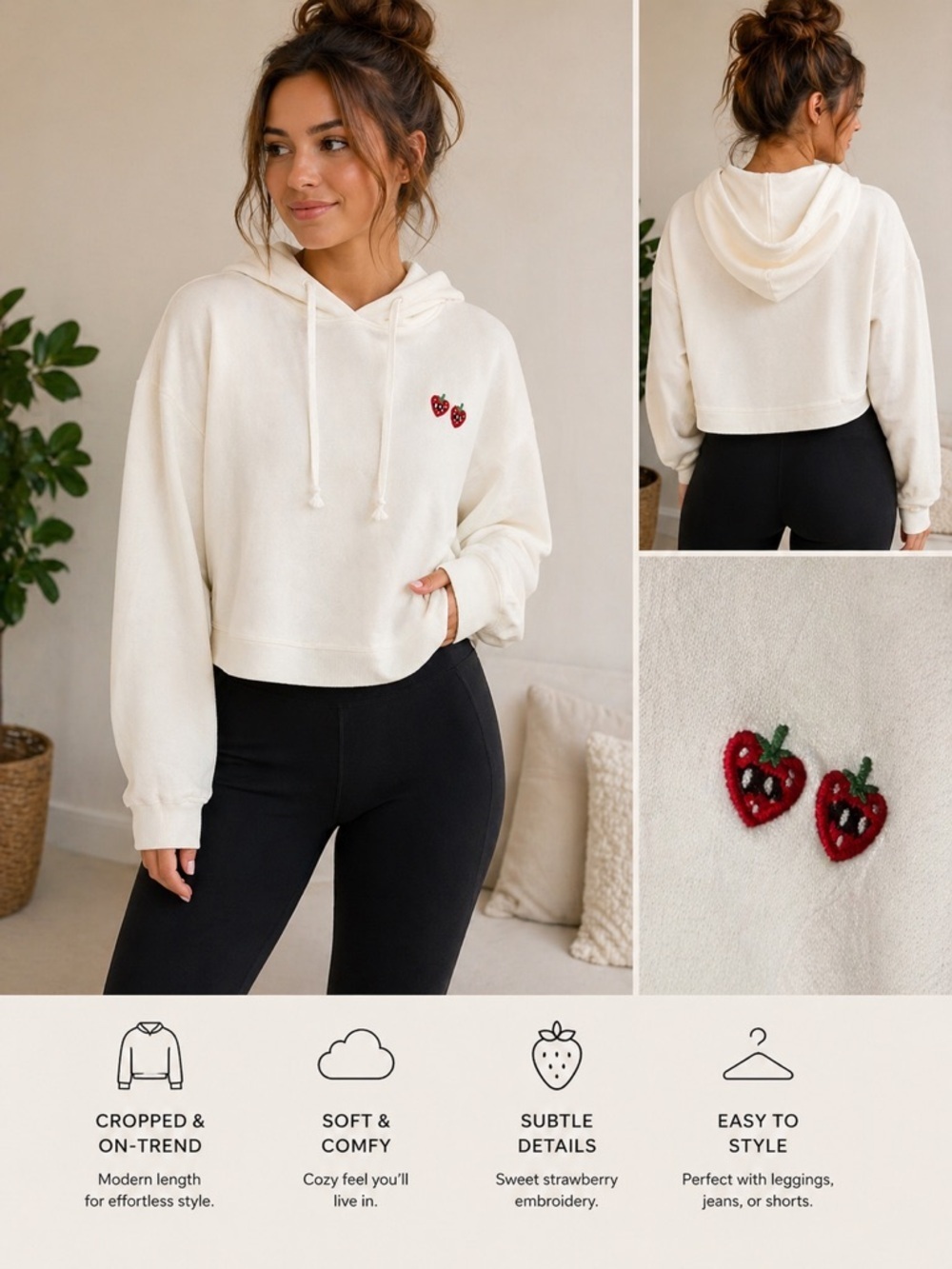 Victoria's Secret White Cropped Hoodie with Strawberry Patch NWT